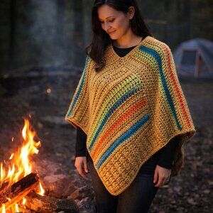 Hand Crafted Chunky Crochet Poncho Heavy Winter Wear Bohemian Warm Soft Gold